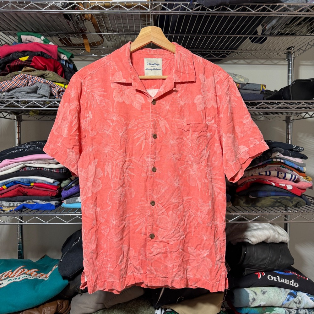 Disney Tommy Bahama Button Up Men's S Pink Silk Floral Aloha Parks Mickey Shirt